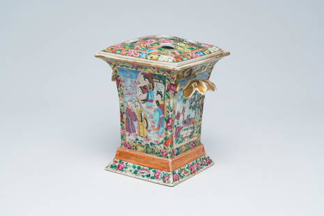 A square Chinese Canton famille rose flower holder with Immortals, a palace scene and birds among: Title: A square Chinese Canton famille rose flower holder with Immortals, a palace scene and birds among blossoming branches, 19th C. Description: H 23,5 cm