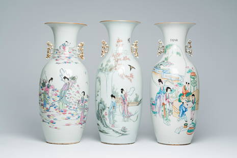 Three various Chinese famille rose vases with immortals and figures, 19th/20th C.: Title: Three various Chinese famille rose vases with immortals and figures, 19th/20th C. Description: H 58,5 - 58 - 57,5 cm