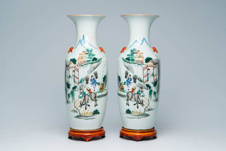 A pair of Chinese qianjiang cai vases with figures and a water buffalo in a landscape, 19th/20th C.: Title: A pair of Chinese qianjiang cai vases with figures and a water buffalo in a landscape, 19th/20th C. Description: H 63,5 -58,5 cm (with and without base)