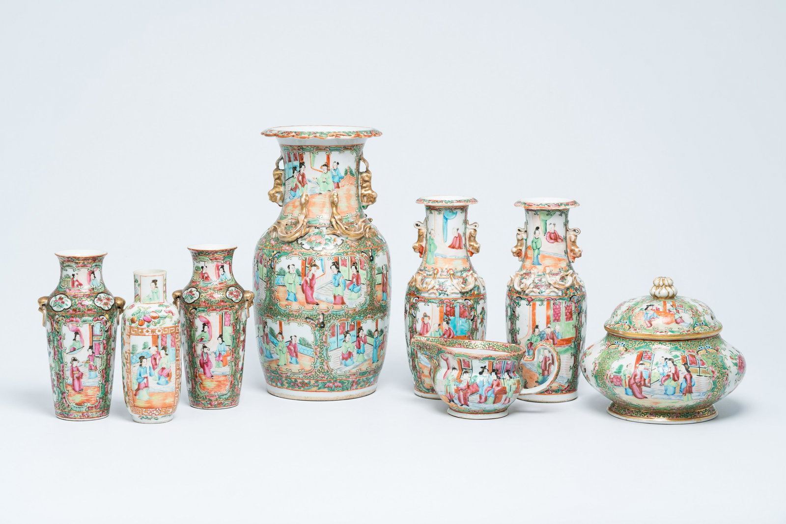 Six Chinese Canton famille rose vases, a jar and cover and a cream jug, 19th C. (1 of 13)