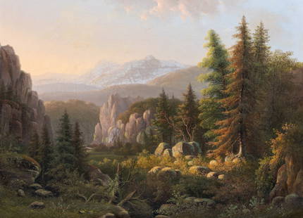 Willem De Klerk (1800-1876): Rocky landscape with firs, oil on canvas: Full title: Willem De Klerk (1800-1876): Rocky landscape with firs, oil on canvas Description: Work: 59 x 44 cm Frame: 85 x 69 cm Condition reports and high resolution pictures are available on our we
