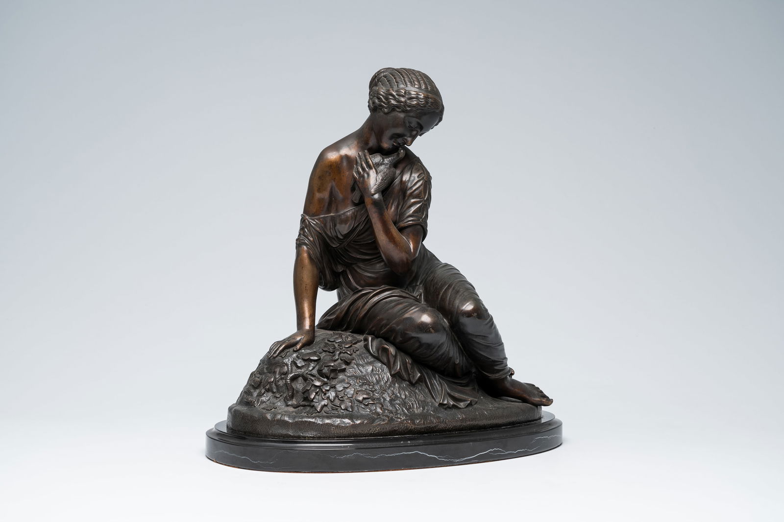 Charles Cumberworth (1811-1852): Kneeling lady with her faithful friend, patinated bronze on a black: Full title: Charles Cumberworth (1811-1852): Kneeling lady with her faithful friend, patinated bronze on a black marble base, third quarter 19th C. Description: H 42 - 38,5 cm (with and without the ba