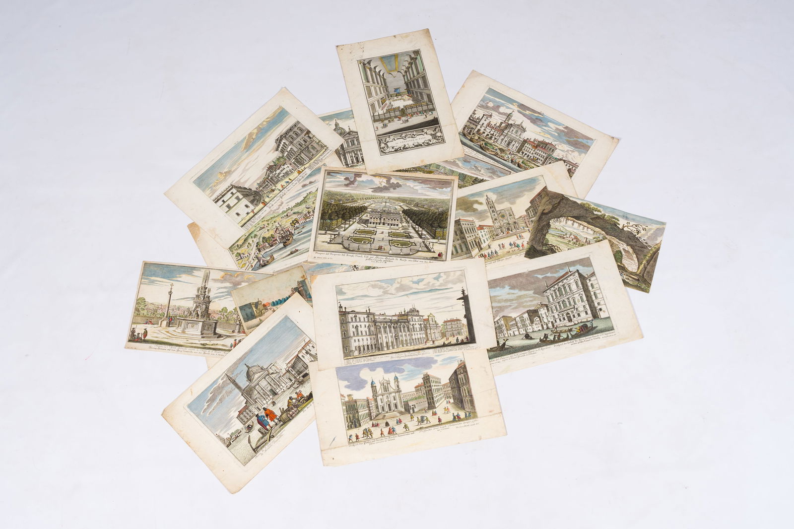 Fifteen various optical prints, a.o. views of Genoa, Venice and Rome, hand-coloured engravings, (1 of 3)