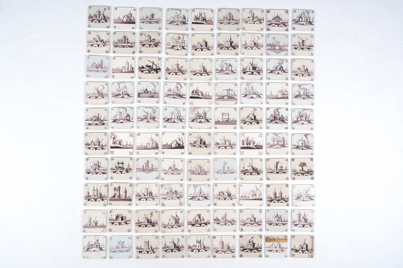 90 Dutch Delft manganese tiles with landscapes, 18th/19th C. (1 of 5)