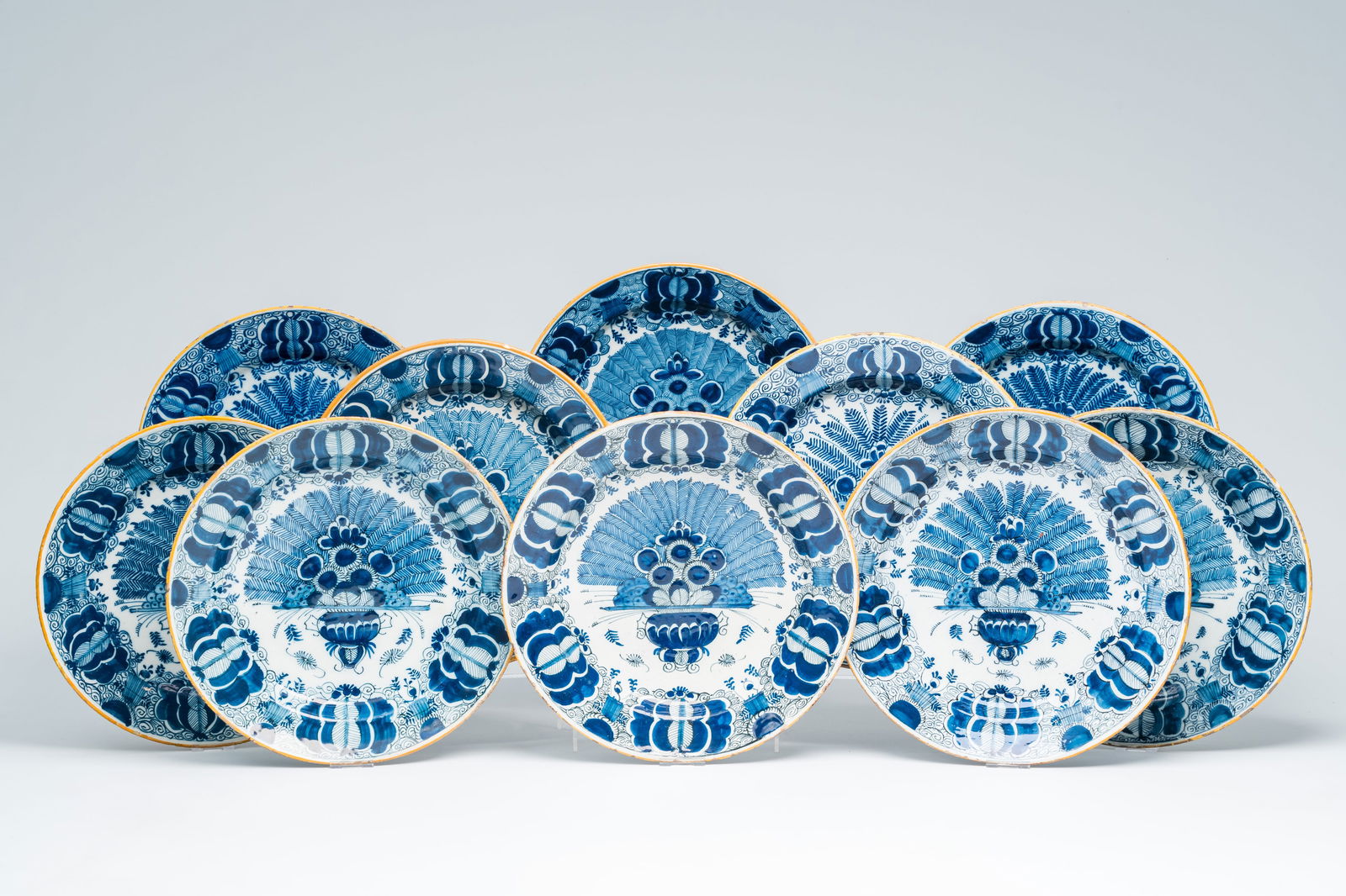 Ten Dutch Delft blue and white 'peacock tail' chargers, 18th C. (1 of 9)