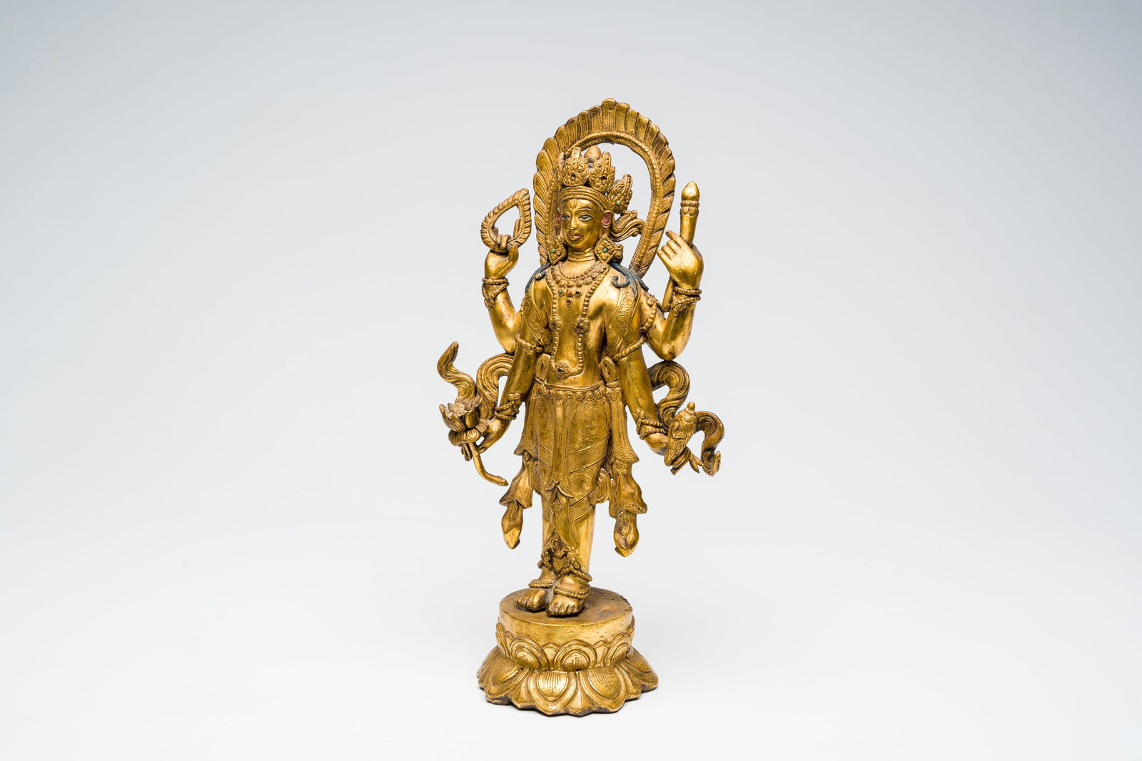 An inlaid gilt bronze sculpture of Laksminarayan, Nepal, 19th/20th C. (1 of 9)