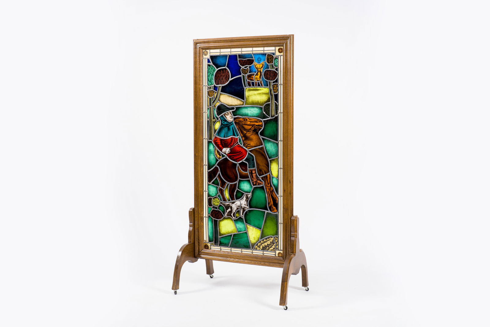 Frans Van Immerseel (1909-1978): A painted and stained glass 'Saint Hubertus' window in a wood frame (1 of 11)