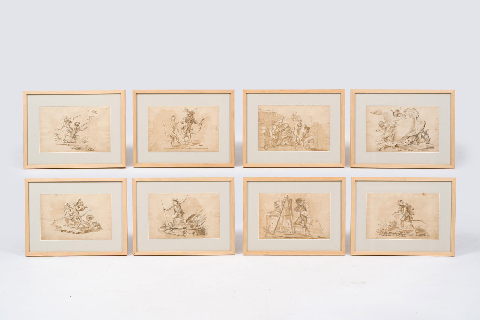 French school, follower of Christophe Huet (1700-1759): Eight scenes with monkeys, pencil and: Work: 29 x 19 cm Frame: 42 x 32 cm Condition reports and high resolution pictures are available on our website at www.coronariauctions.com. Further questions are always welcome at info@coronariauction