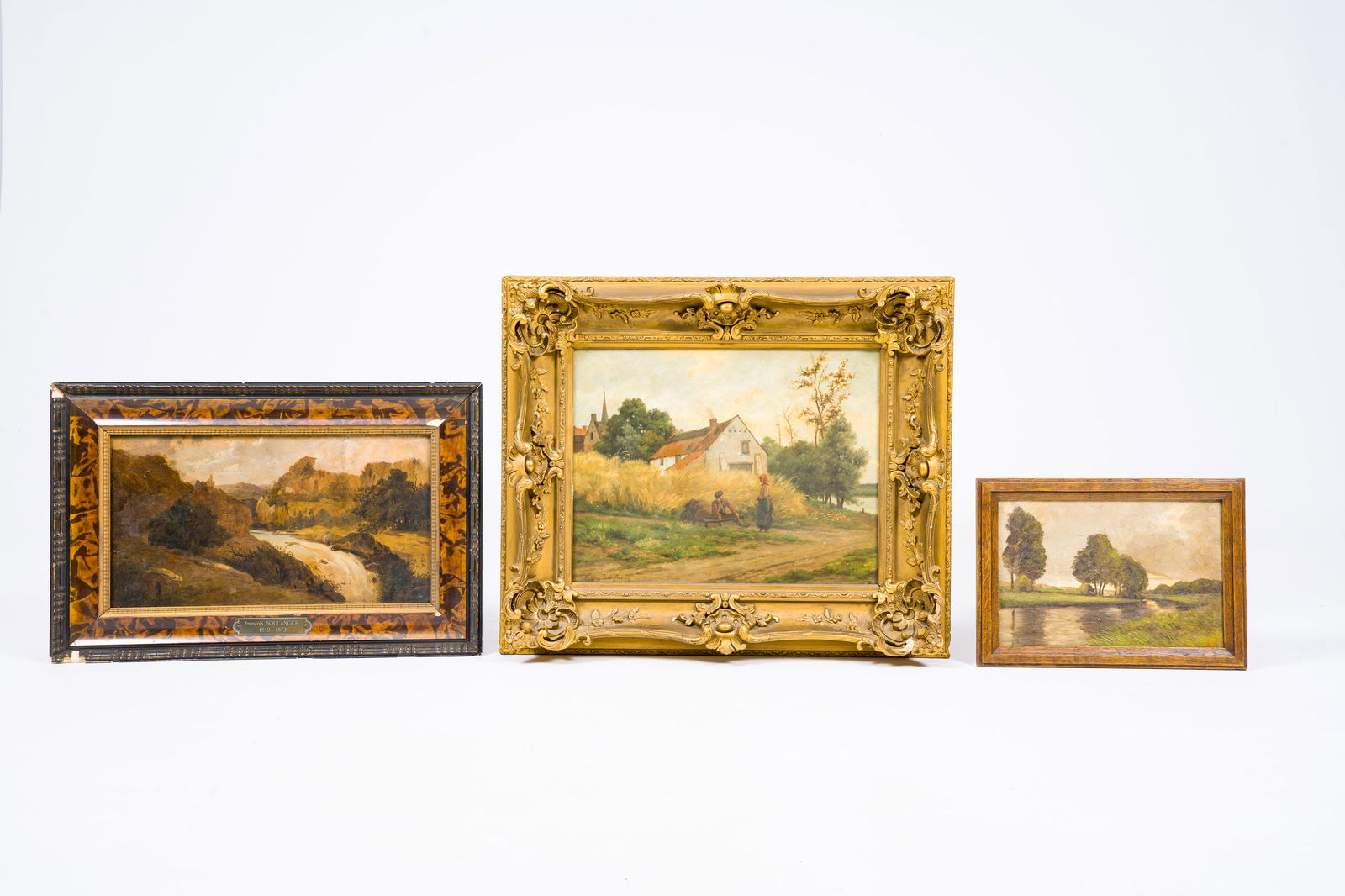 Belgian school: Three various landscapes, oil on panel and board, 19th/20th C.: Work: 39,8 x 31 cm (Frans Pieter van Kuyck, 1852-1915, attributed to, oil on board) Frame: 57 x 48,5 cm Work: 40 x 22,5 cm (Francois Boulanger, 1819-1873, attributed to, oil on board) Frame: 52,5 x 35