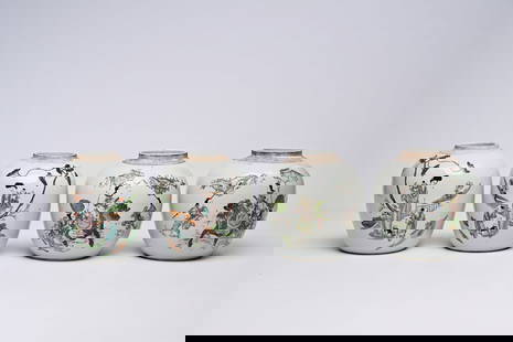Two pairs of Chinese qianjiang cai jars with the qilin Song Zi and figures in a landscape, 19th/20th: Two pairs of Chinese qianjiang cai jars with the qilin Song Zi and figures in a landscape, 19th/20th C. H ca. 21,5 cm