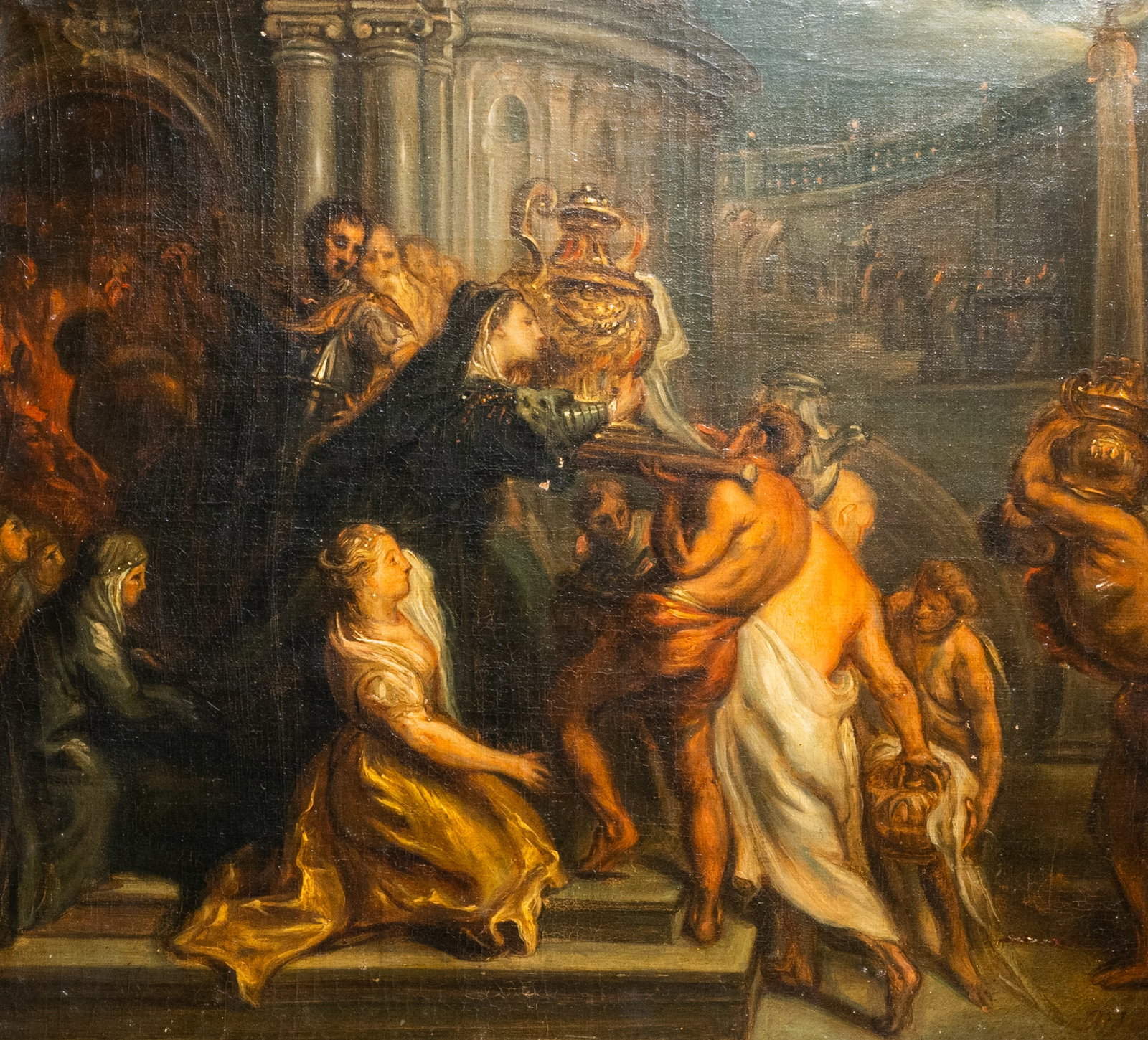 Flemish school, after Jacob Jordaens (1593-1678): The return, oil on canvas, 18th/19th C.: Flemish school, after Jacob Jordaens (1593-1678): The return, oil on canvas, 18th/19th C. Work: 49 x 45,5 cm Frame: 60 x 56,3 cm The right bottom corner with a difficult to read signature (and date?).