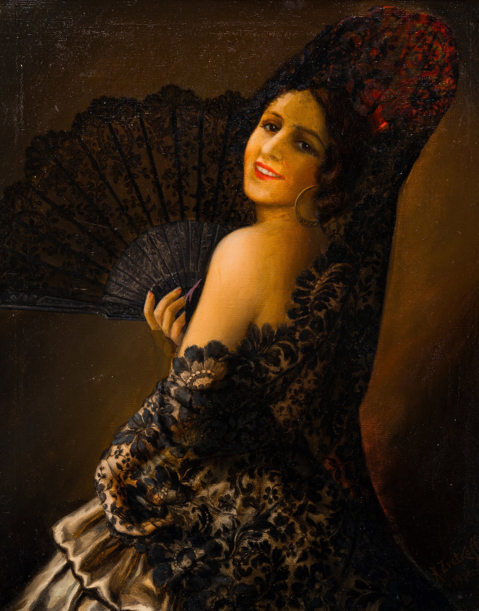 Alexis Zvetkoff (20th C.): Spanish dancer with fan, oil on canvas, dated 1936: Alexis Zvetkoff (20th C.): Spanish dancer with fan, oil on canvas, dated 1936 Work: 81 x 65,5 cm Frame: 92 x 77 cm