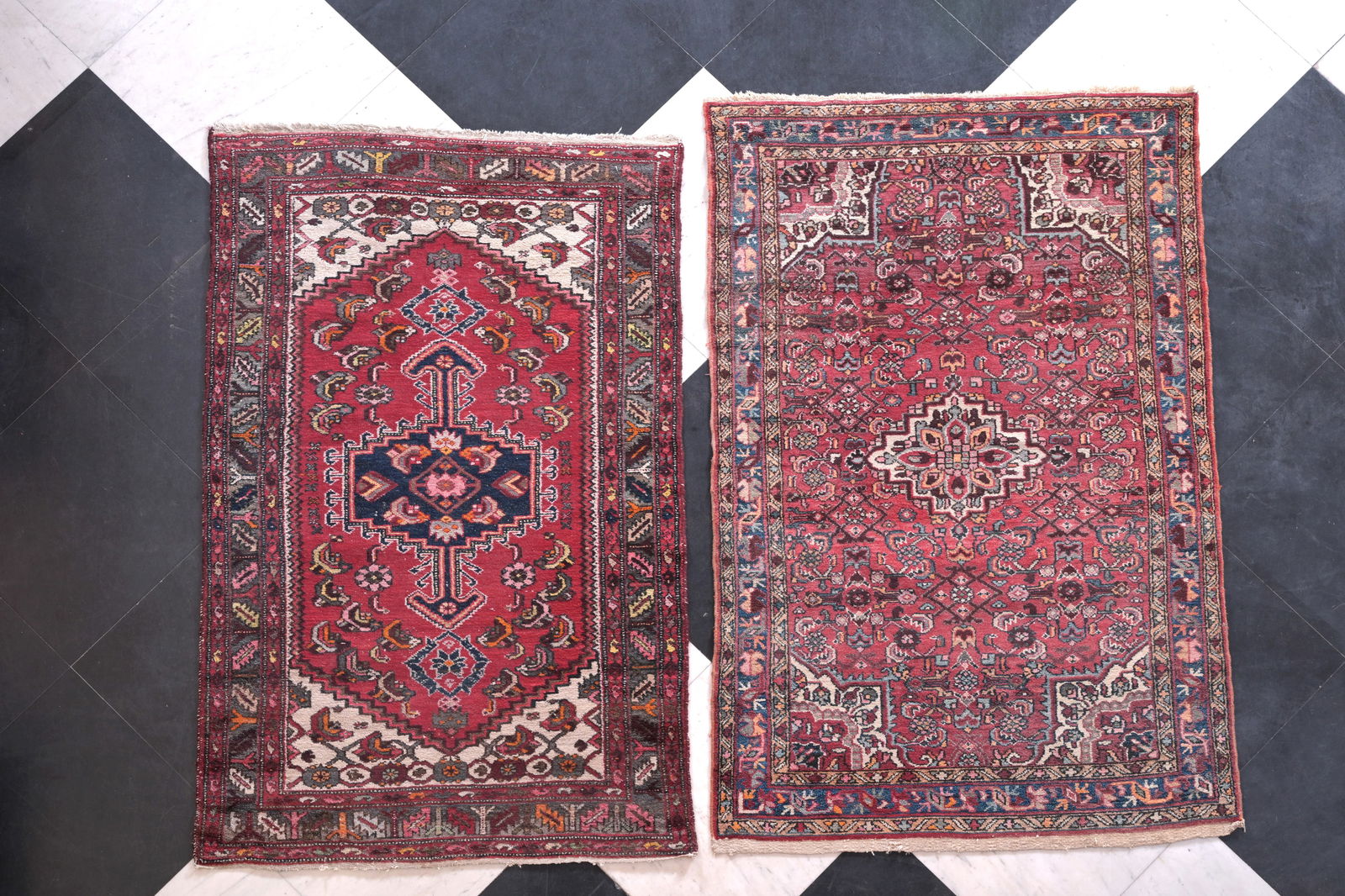 Two Persian Hamadan rugs with geometric and floral design, wool on cotton, 20th C. (1 of 11)