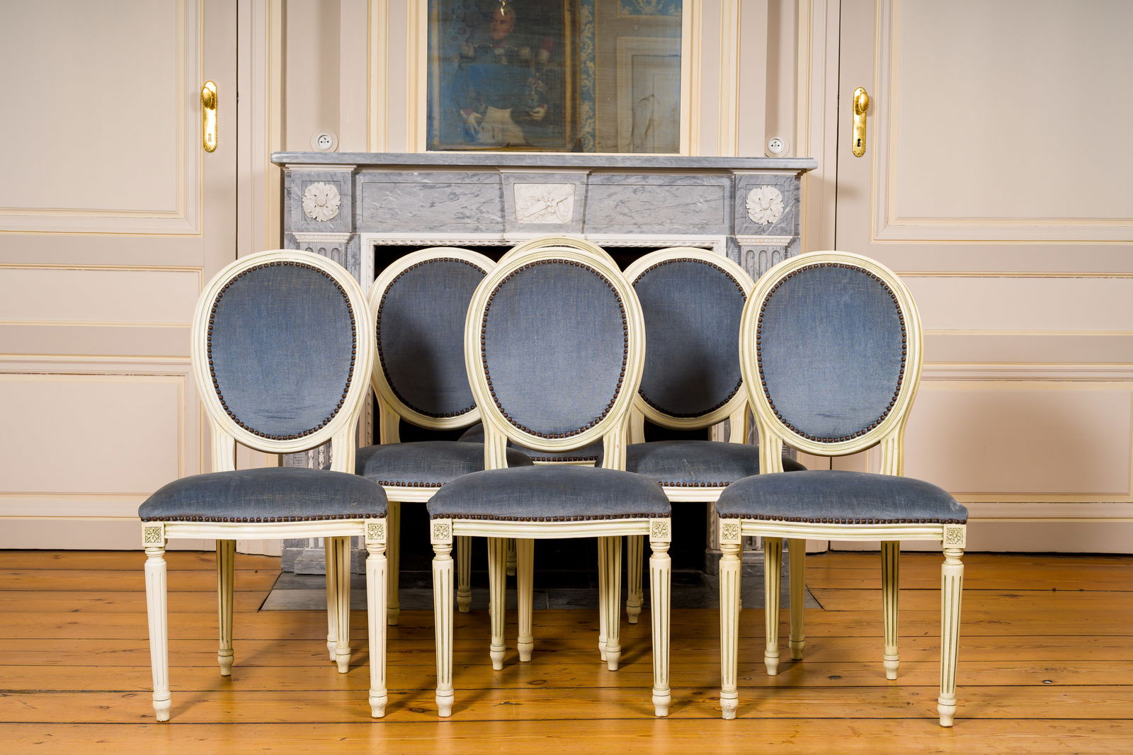 Six patinated wooden Louis XVI style chairs with blue velvet upholstery, 20th C. (1 of 3)