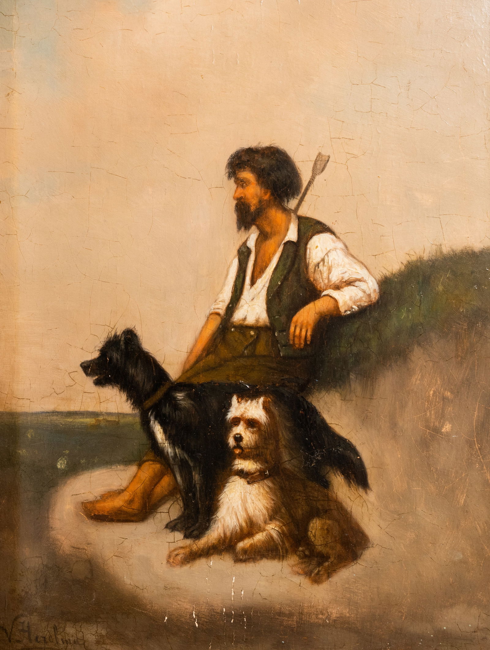 V. Herelma (19th C.): Hunter at rest accompanied by two terriers, oil on panel (1 of 6)