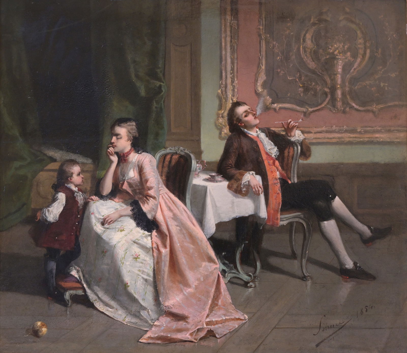 Auguste Serrure (1825-1902 or in the manner of): An interior scene with a family, oil on panel, (1 of 6)