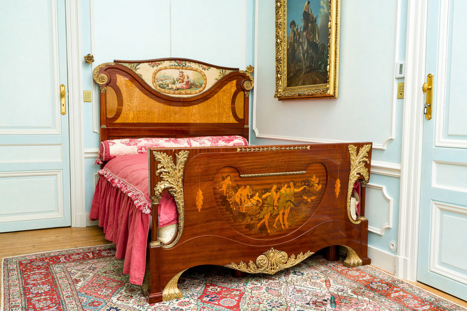 An Austrian gilt bronze mounted veneered wooden bed with marquetry with a shepherd's couple, ca. (1 of 14)