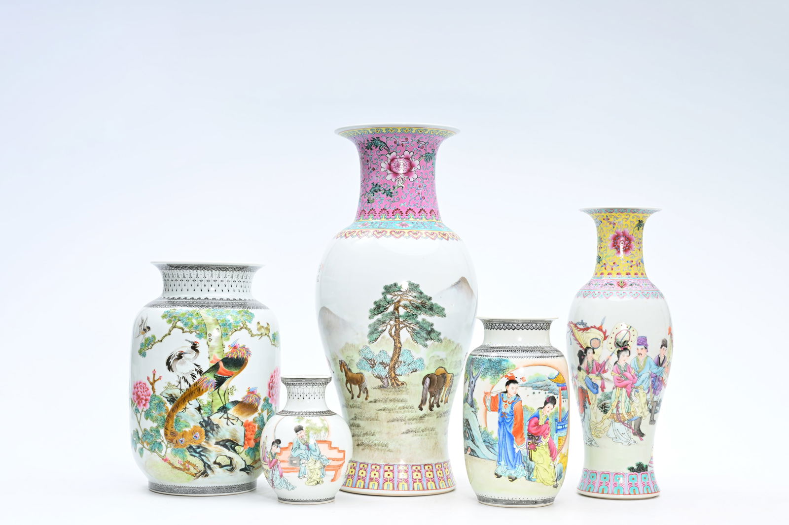 Five Chinese famille rose vases with animals and figurative design, Republic, 20th C. (1 of 16)