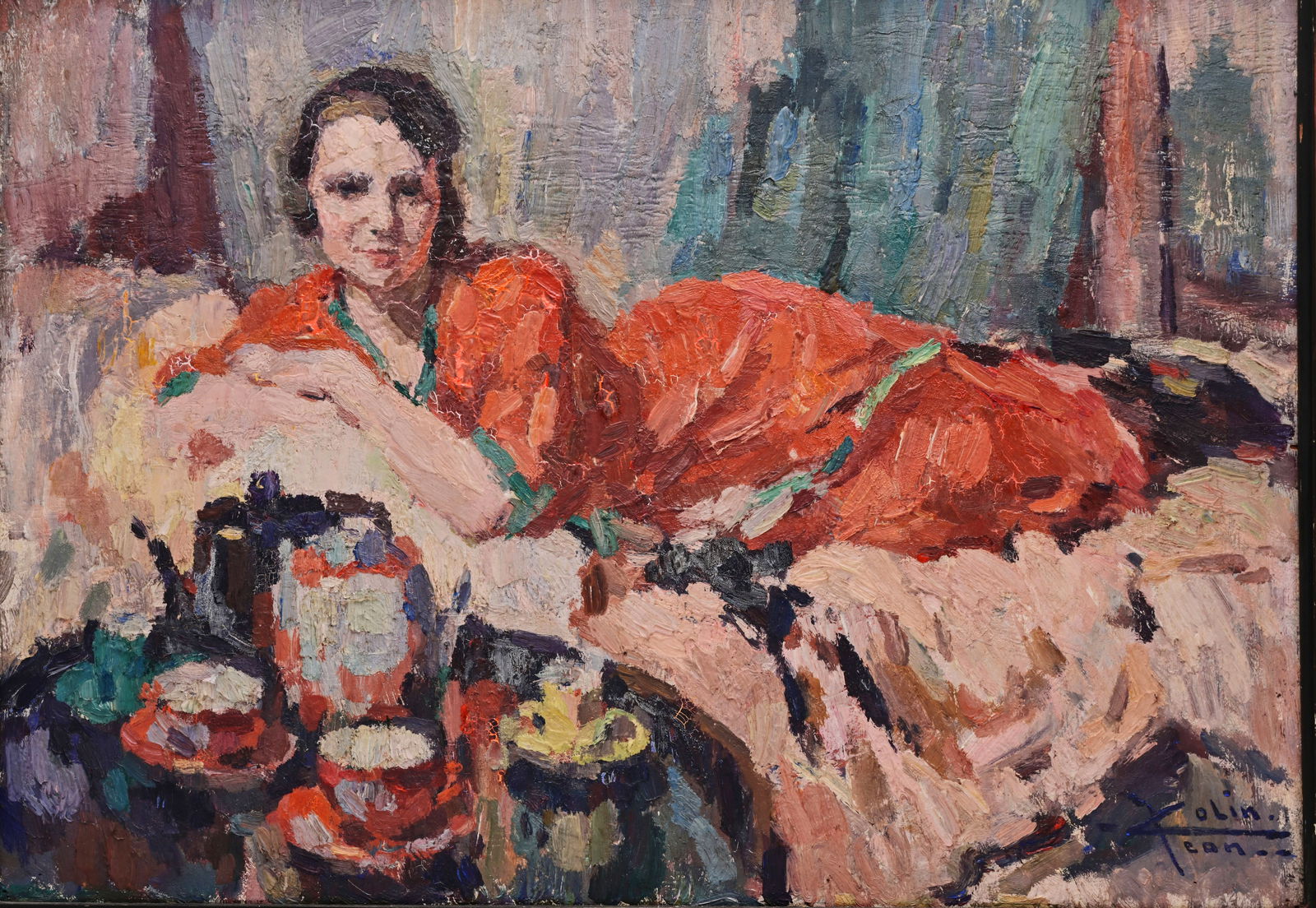 Jean Colin (1881-1961): Lady posing on a sofa in an interior, oil on panel: Jean Colin (1881-1961): Lady posing on a sofa in an interior, oil on panel Work: 54 x 39 cm Frame: 60 x 45 cm Jean Baptiste Leopold Colin was a Belgian painter most known for his portraits, nudes, and