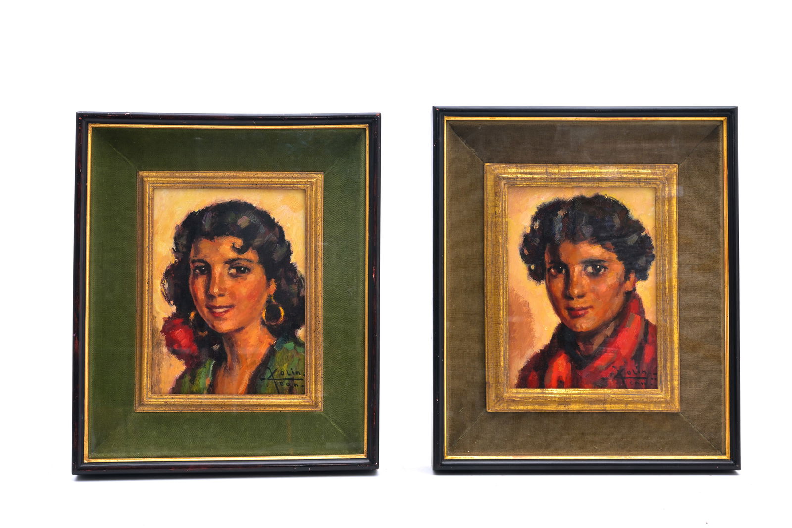 Jean Colin (1881-1961): Two portraits, oil on panel: Jean Colin (1881-1961): Two portraits, oil on panel Work: 21,5 x 16 cm Frame: 36 x 30,5 cm Work: 21,5 x 16 cm Frame: 35 x 30 cm Jean Baptiste Leopold Colin was a Belgian painter most known for his por