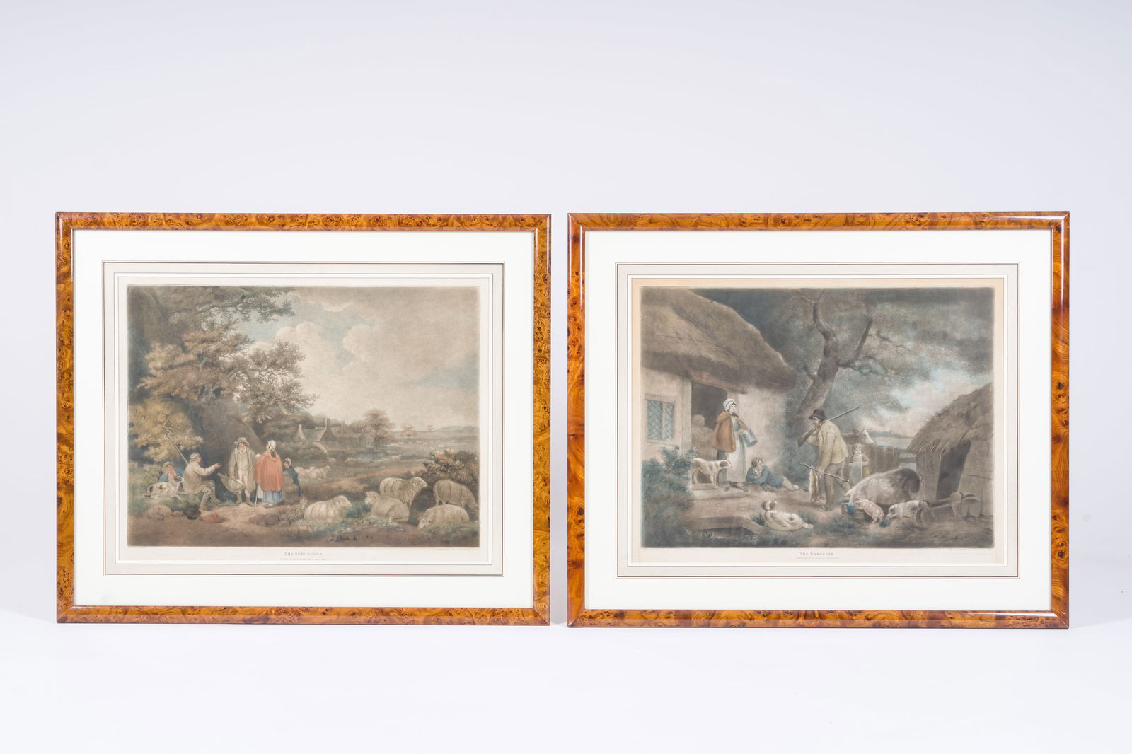 William Ward (1766-1826): 'The Warrener' and 'The Shepherds', two English mezzotints, 19th C.: William Ward (1766-1826): 'The Warrener' and 'The Shepherds', two English mezzotints, 19th C. Work: 60 x 44,5 cm Paper: ca. 66 x 54 cm Frame: 84 x 70 cm Both prints after paintings by George Morland (