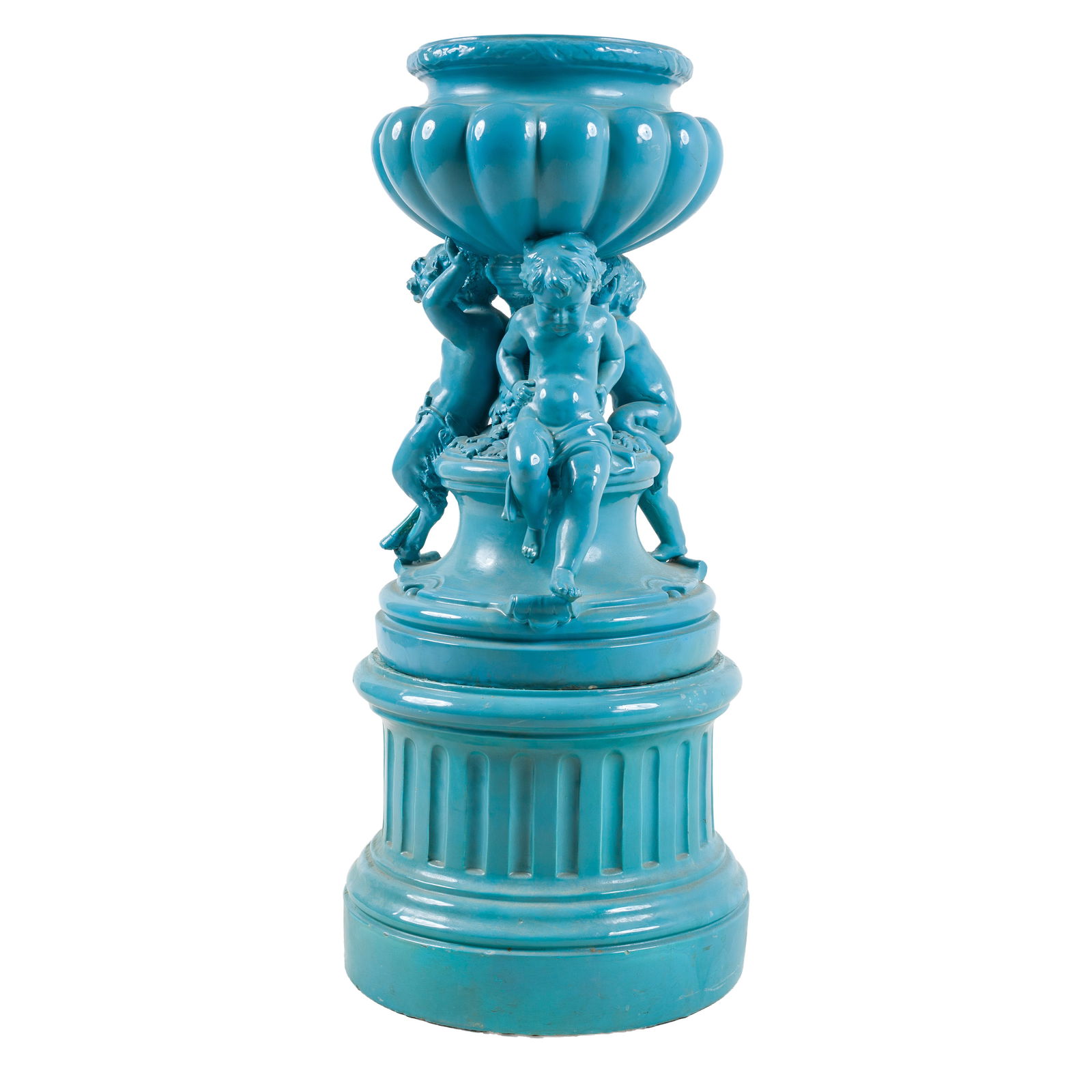 A large turquoise painted pottery jardinière on stand, probably workshop of Jérôme Massier,: A large turquoise painted pottery jardinière on stand, probably workshop of Jérôme Massier, Vallauris, France, 19th/20th C. H 121 x L 53 x D 53 cm