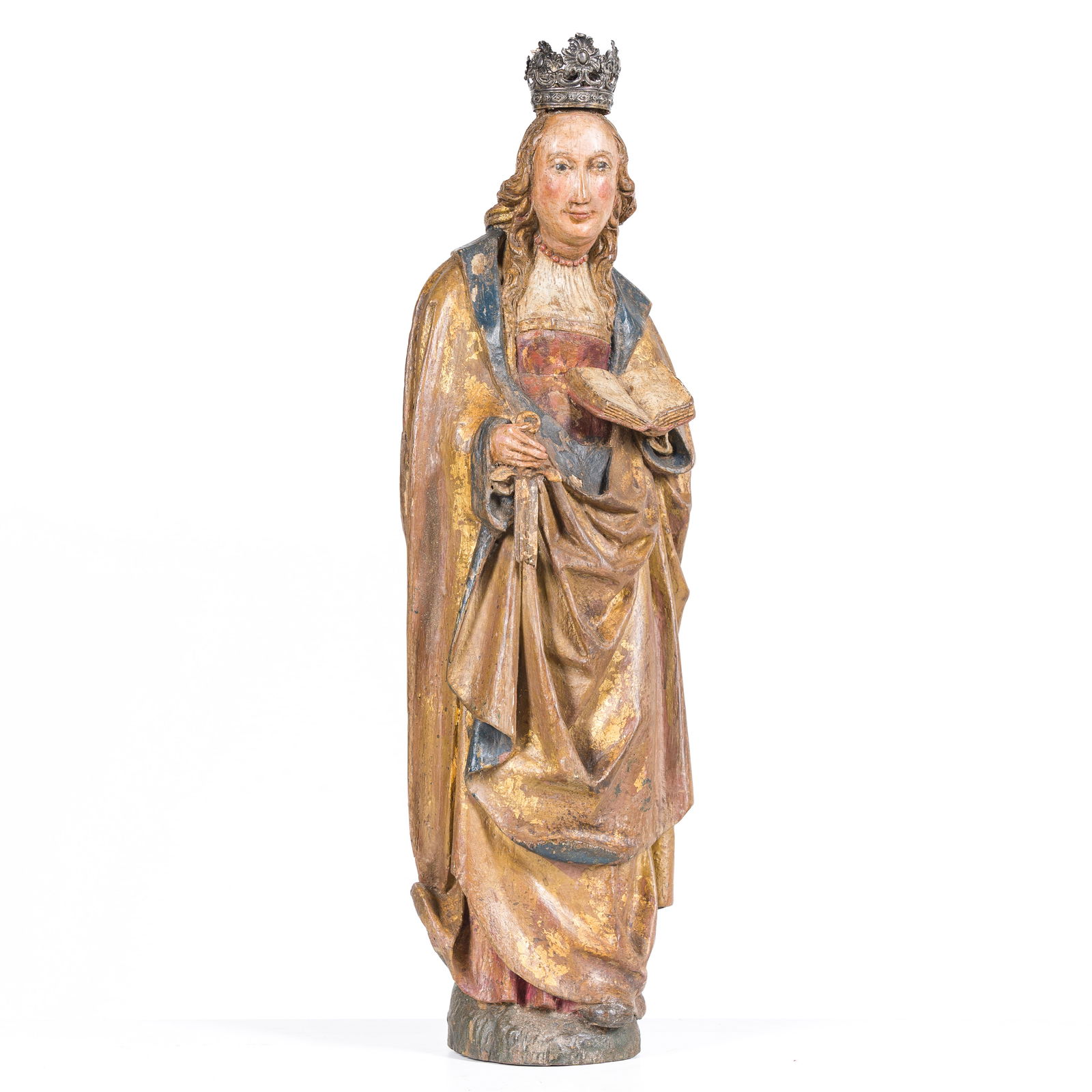 A polychrome wooden sculpture of Saint Catherine of Alexandria with a silver crown, 16th C. (1 of 6)