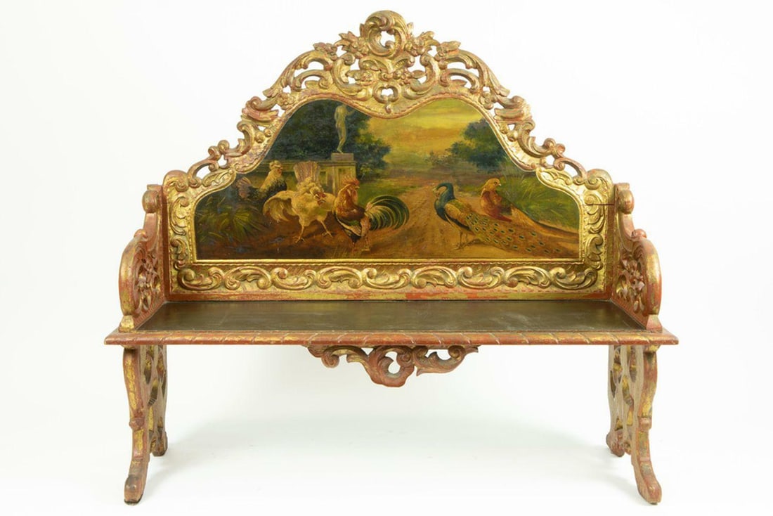 A finely carved gilt wooden Louis XV style bench with painted back rest, 19th C: A finely carved gilt wooden Louis XV style bench with painted back rest, 19th C H 131 x L 42 x D 117 cm