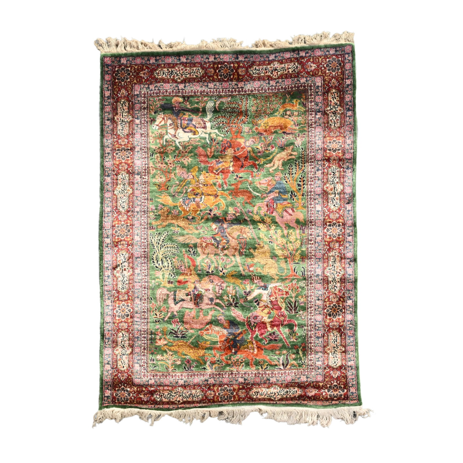 A Persian Kashmir rug with hunting scenes, silk on cotton, 20th C.: A Persian Kashmir rug with hunting scenes, silk on cotton, 20th C. 187 x 122 cm
