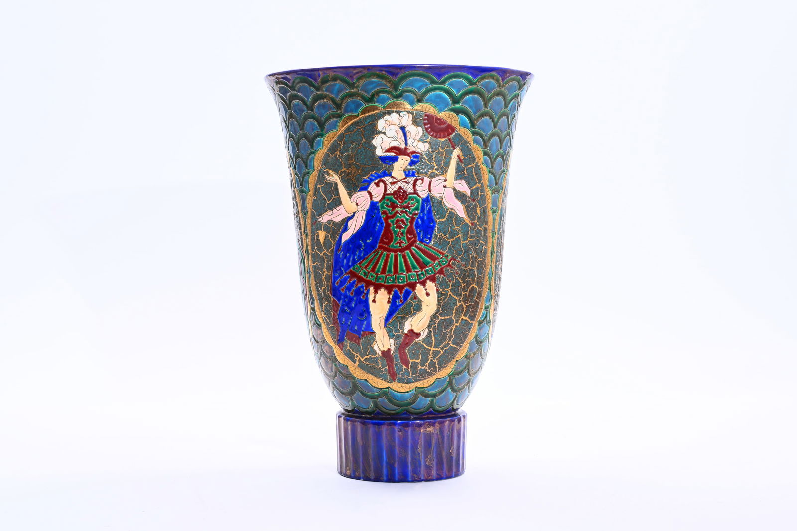 Charles Catteau (1880-1966) for Boch Keramis: a large and rare Art Deco vase with polychrome design: Charles Catteau (1880-1966) for Boch Keramis: a large and rare Art Deco vase with polychrome design of dancing figures in a crackled glaze H 48 cm - Dia.: 33 cm The base marked 'D1978', with the 'Boch