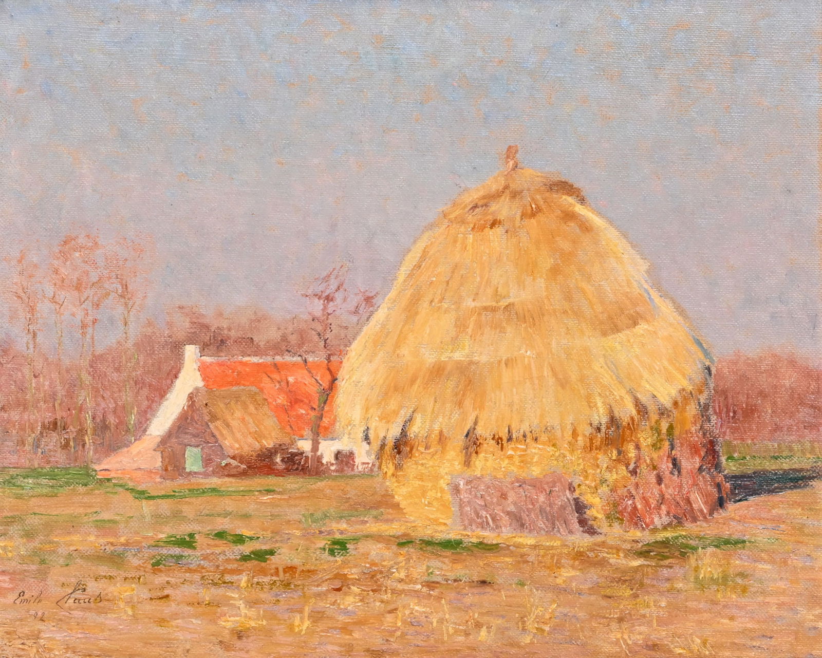 Emile Claus (1849-1924): 'Flandres', oil on canvas, dated (18)92: Emile Claus (1849-1924): 'Flandres', oil on canvas, dated (18)92 Frame: 58 x 50,5 cmWork: 41,5 x 33,5 cm Signed on the back and inscribed Flandres. The frame with a maker's stamp for Tasset and Lhote,