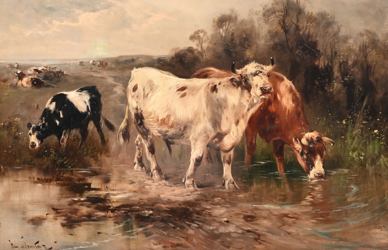 Henry Schouten (1857-1927): Cows at a drinking trough, oil on canvas (1 of 6)