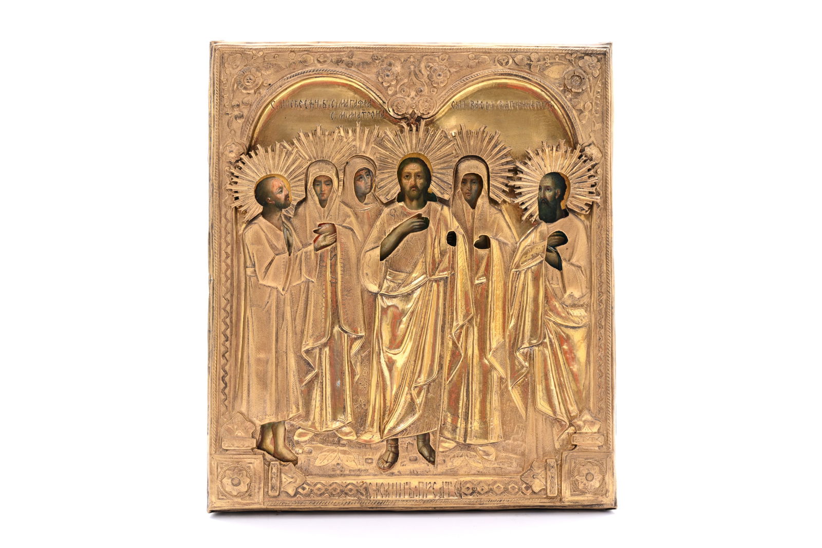 A Russian 'Saint John the Forerunner' icon with gilt copper oklad or rizza, 19th C. (1 of 3)