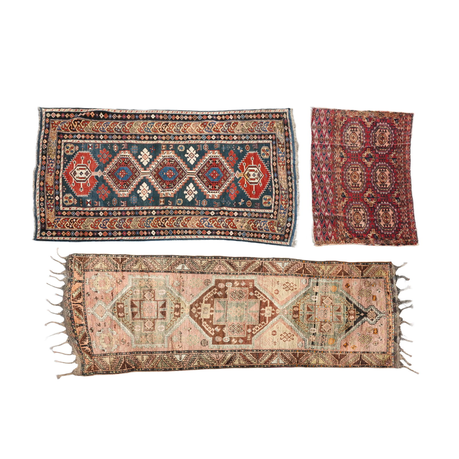 Three various Caucasian carpets, a.o. Shirvan, wool and cotton, Turkmenistan and Azerbaijan, (1 of 8)