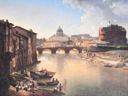 Italian school, follower of Ippolito Caffi (1809-1866): View of the Tiber with the Castel: Italian school, follower of Ippolito Caffi (1809-1866): View of the Tiber with the Castel Sant'Angelo and St. Peter's Basilica, oil on canvas, 19th C. Work: 47,5 x 37,5 cm Frame: 66,5 x 55,5 cm