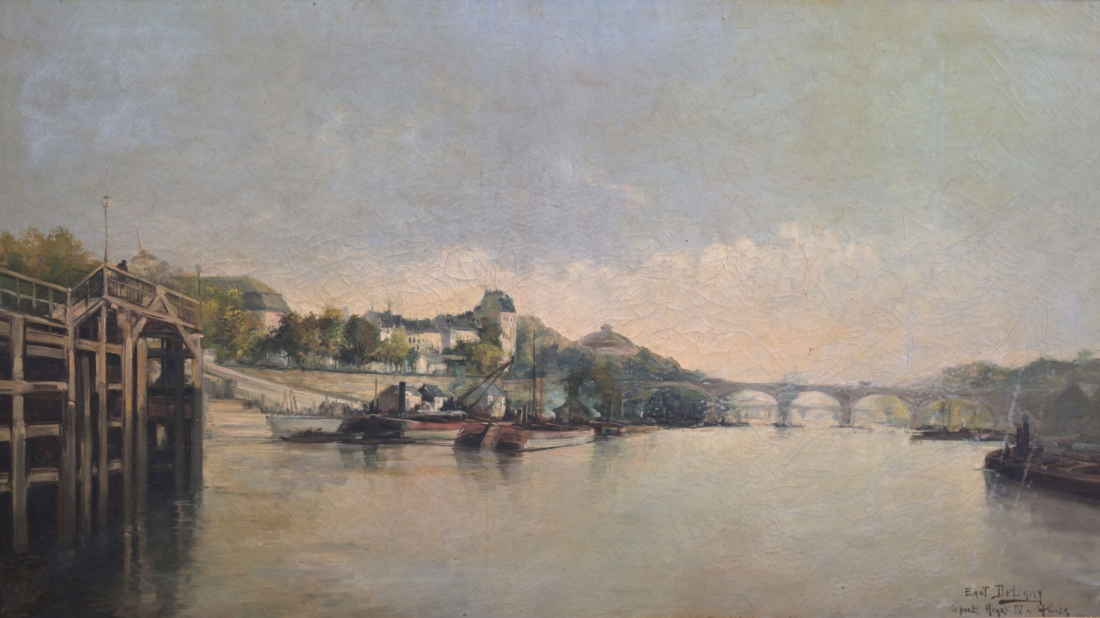 French school, signed Ernt (Ernest?) Deligny: View on the Henri IV bridge in Paris, oil on canvas, (1 of 8)