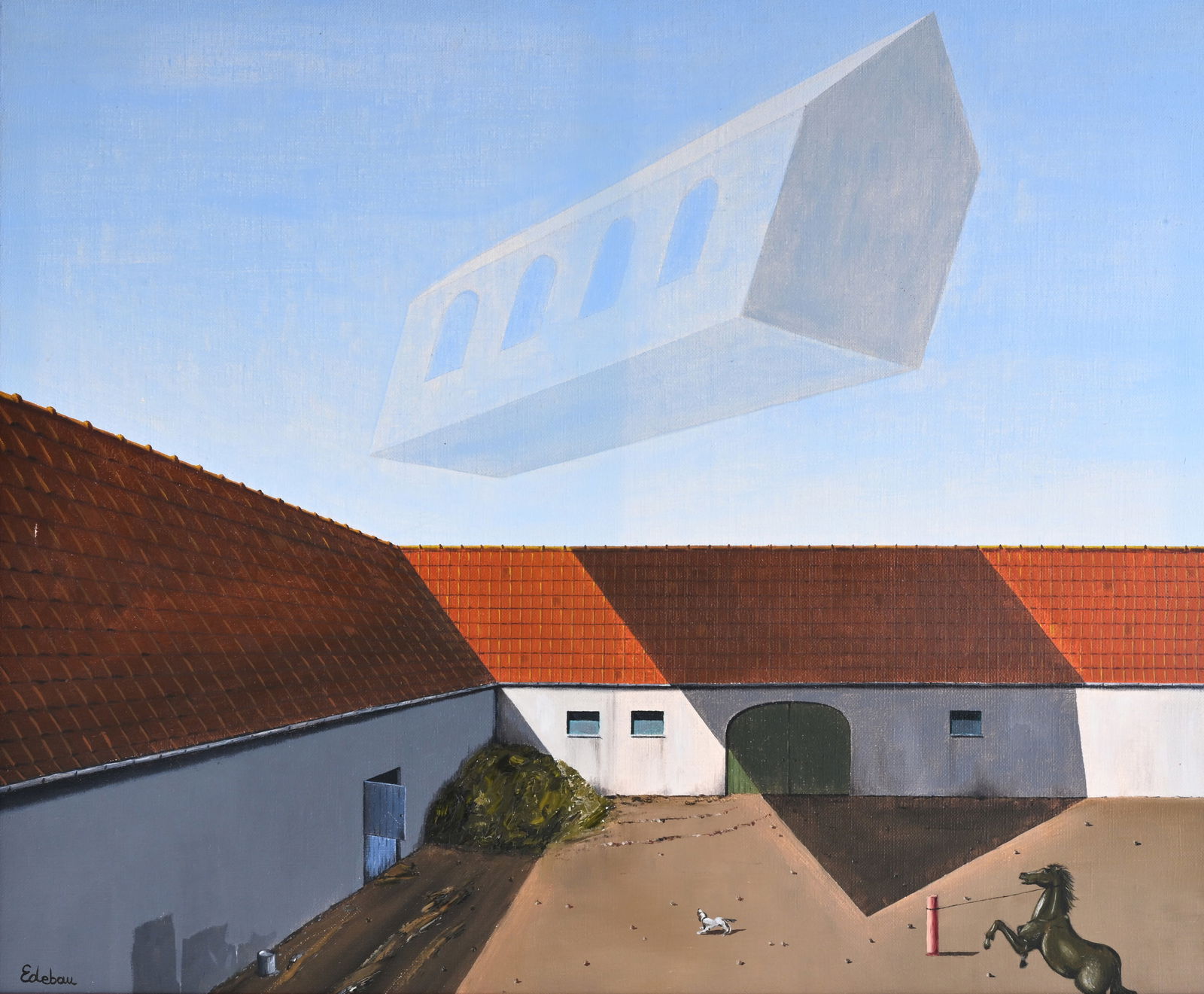 Werner Edebau (20th/21st C.): Surrealist farm view, oil on canvas (1 of 5)