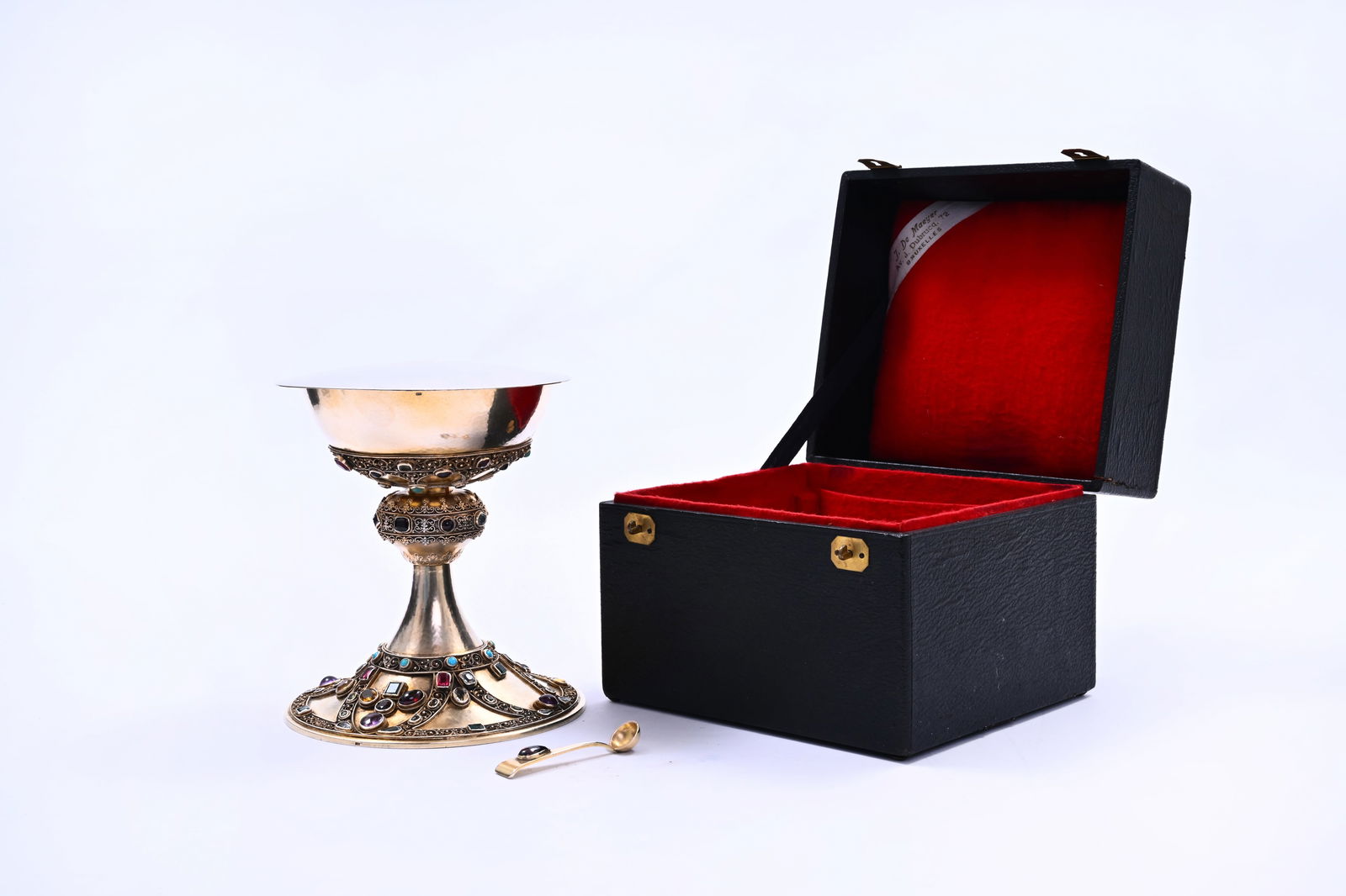 A Belgian silver chalice with paten finished with filigree and inlay of various types of stone, (1 of 14)