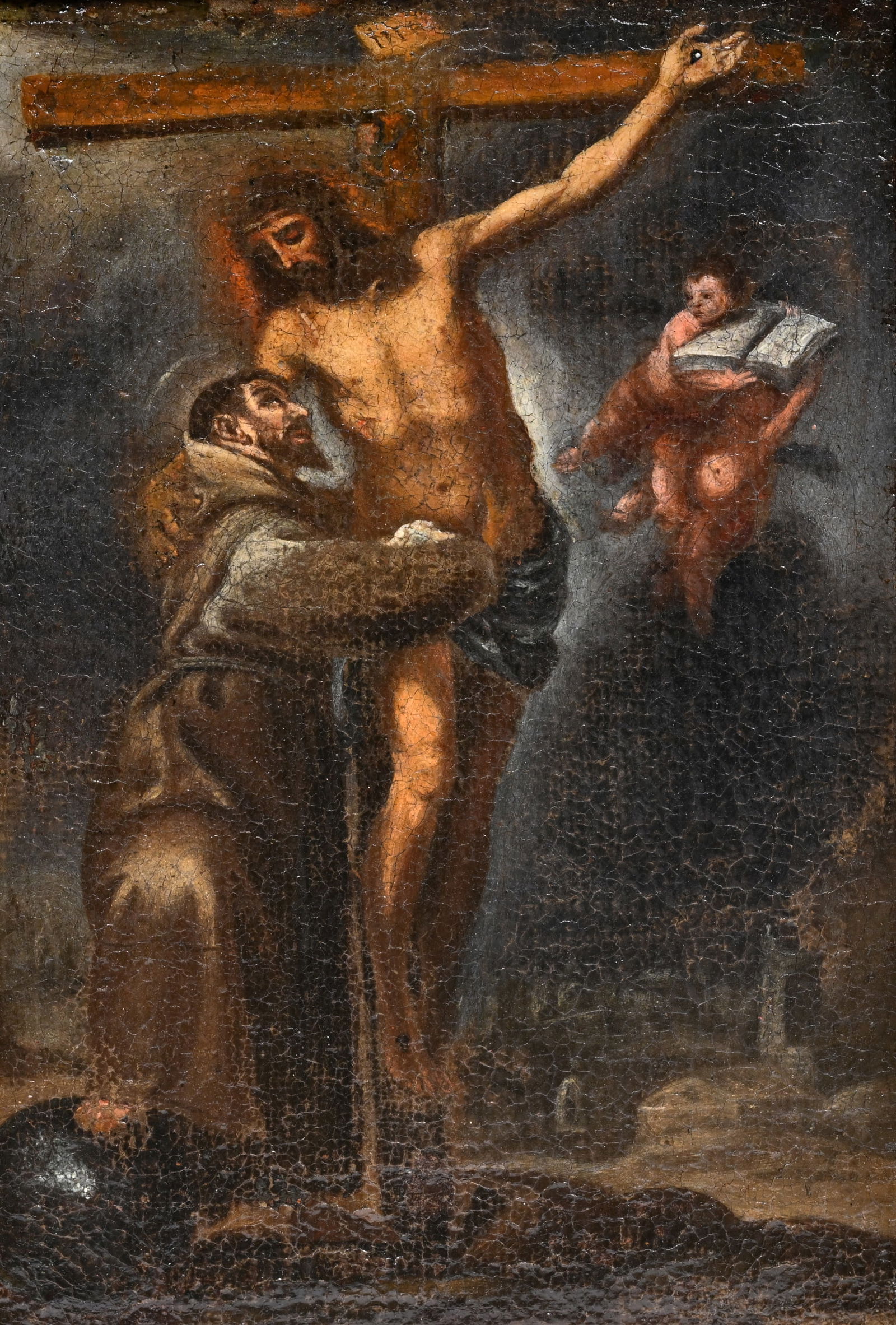 Southern European school, foll. of Bartolomé Esteban Murillo (1618-1682): The descent of Christ: Southern European school, foll. of Bartolomé Esteban Murillo (1618-1682): The descent of Christ from the cross by S. Francis, oil on canvas, 18th C. Work: 26 x 17,5 cm Frame: 44 x 37 cm