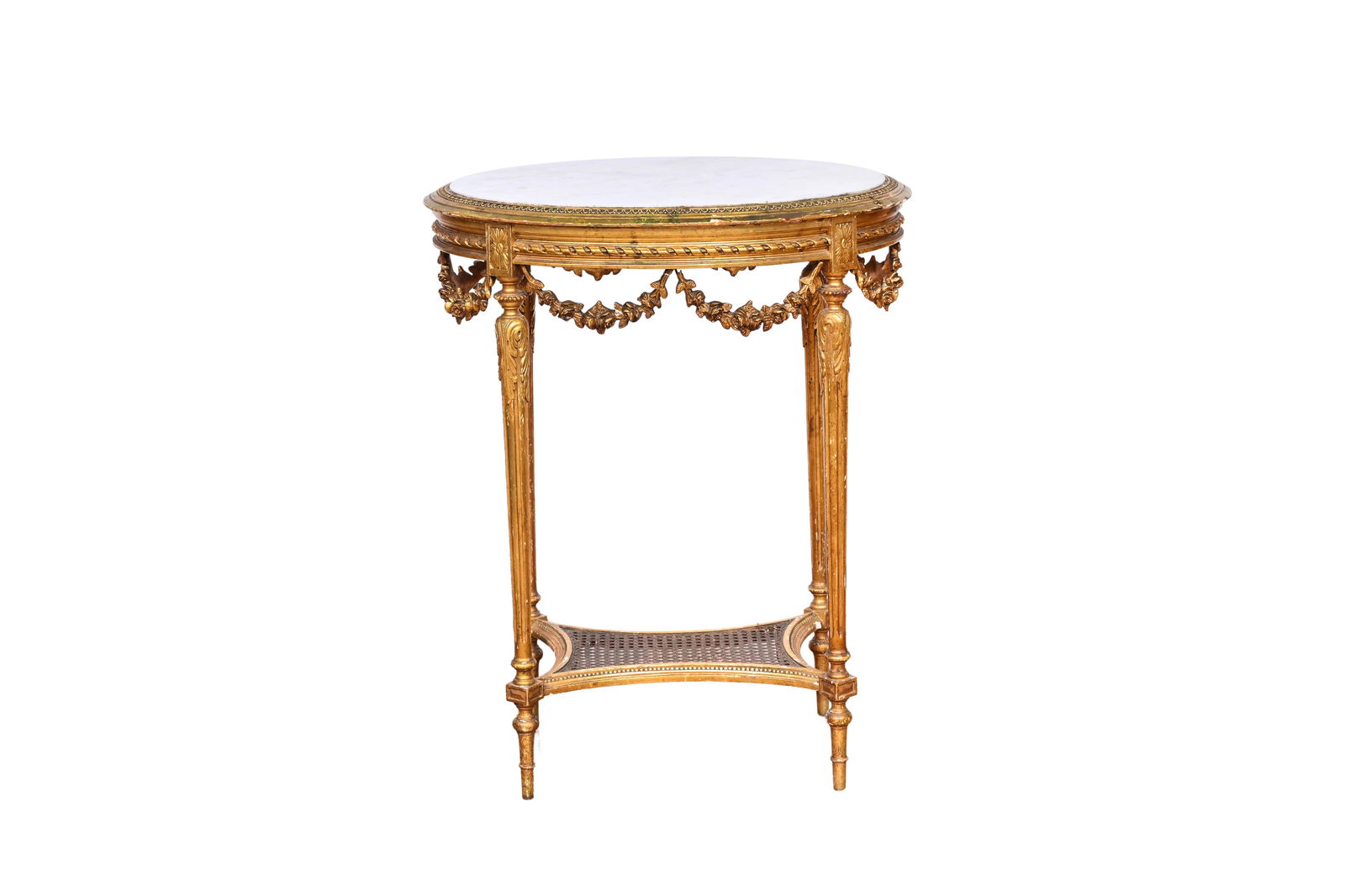 An oval French Louis XVI style gilt wooden side table with marble top and cane, 19th C. (1 of 7)