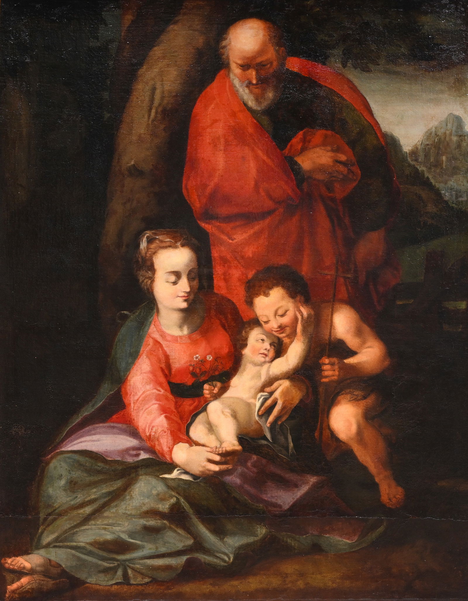 Follower of Federico Barocci (1535-1612) via Hendrick Goltzius (1558-1617): The Holy Family with the: Follower of Federico Barocci (1535-1612) via Hendrick Goltzius (1558-1617): The Holy Family with the infant John the Baptist, oil on canvas, 17th C. Work: 111 x 86 cm Frame: 123,5 x 99 cm