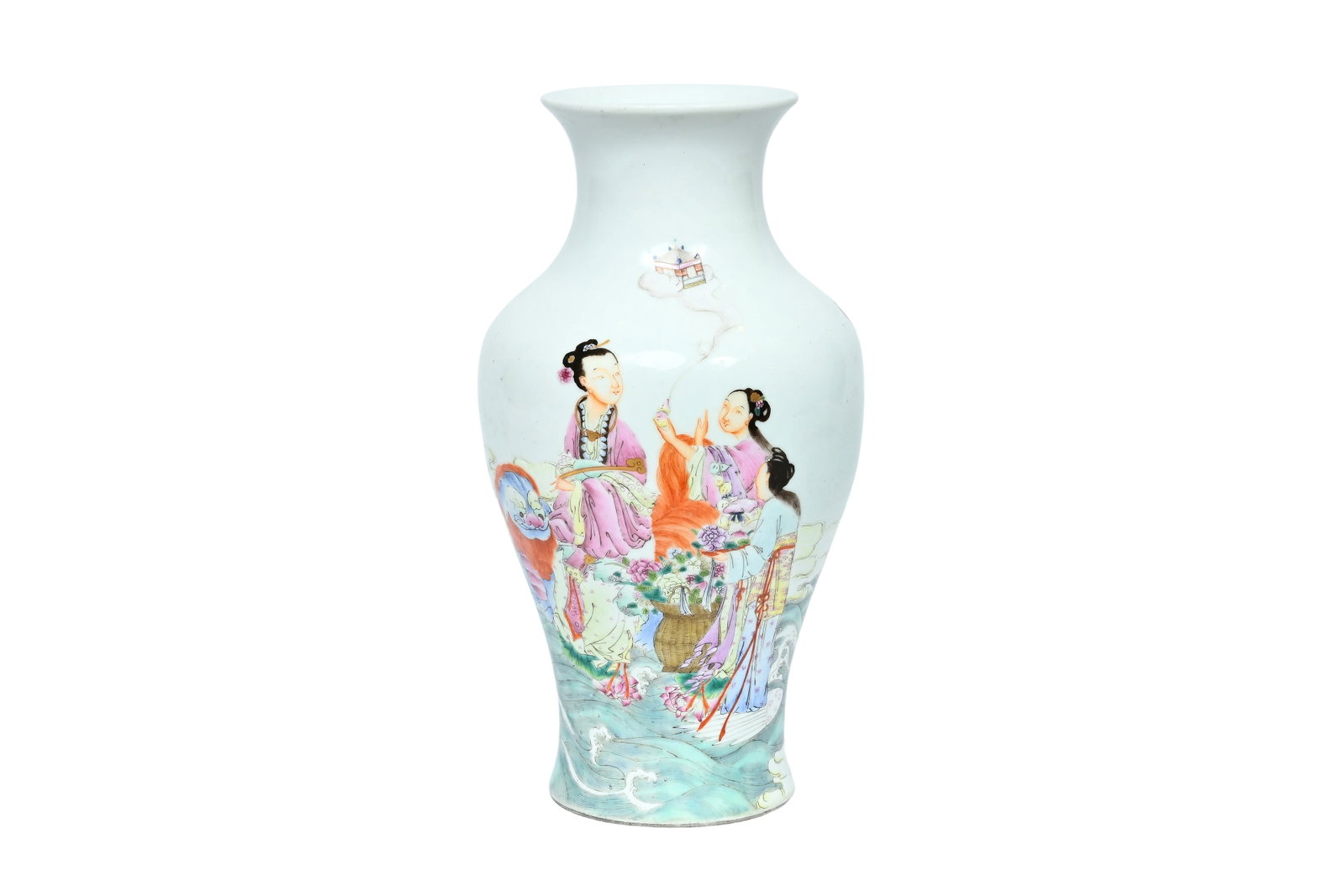 A Chinese famille rose vase with narrative design, Ju Ren Tang mark, Republic: A Chinese famille rose vase with narrative design, Ju Ren Tang mark, Republic H 33 cm
