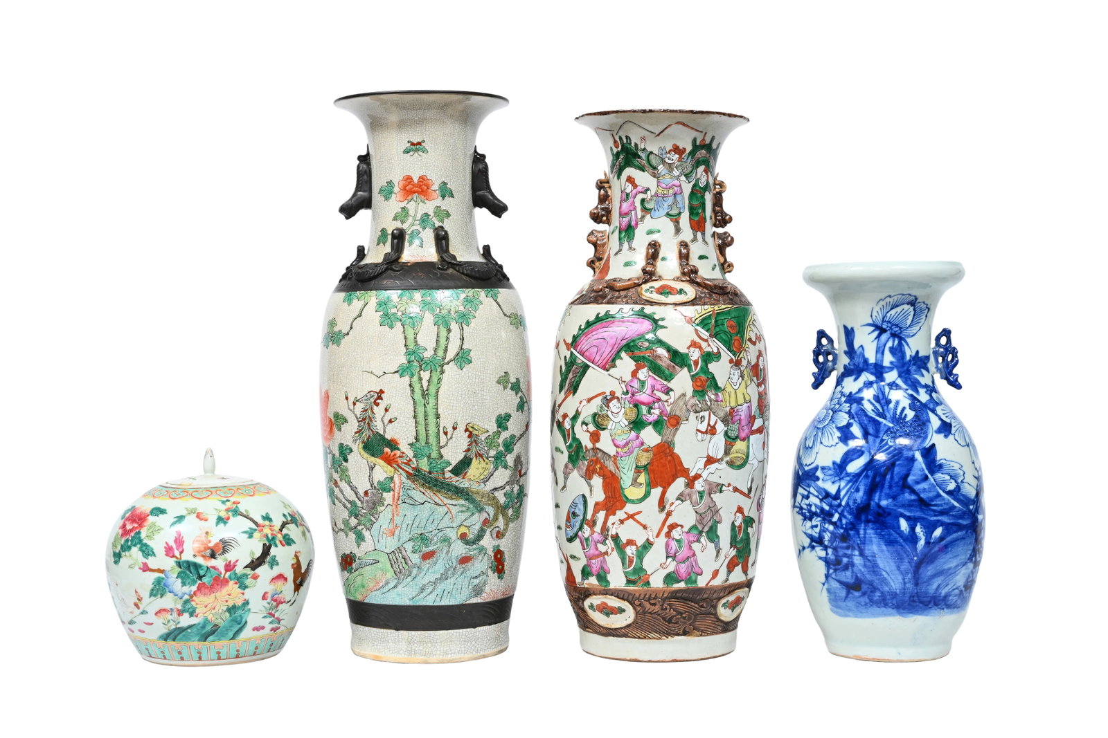 A Chinese famille rose 'roosters in a landscape' jar and cover, two Nanking crackle glazed vases and: A Chinese famille rose 'roosters in a landscape' jar and cover, two Nanking crackle glazed vases and a blue and white vase, 19th/20th C. H 62 - 59 - 42,5 cm (the vases) H 23,5 cm (the jar and cover)