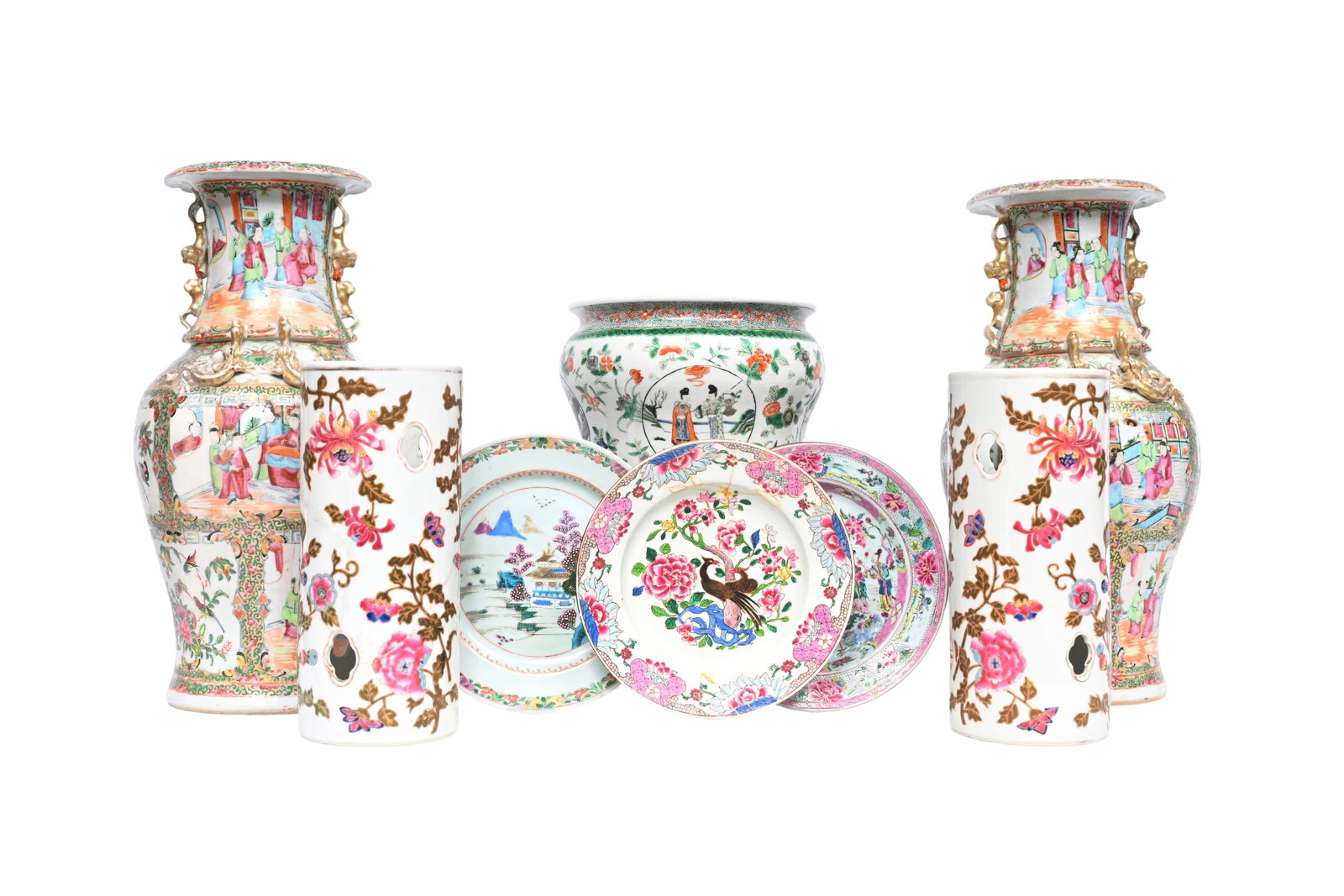 A varied collection of Chinese famille rose and famille verte porcelain with animated scenes and: A varied collection of Chinese famille rose and famille verte porcelain with animated scenes and floral design, 18th C. and later H 45,5 - 45 cm (the vases) H 32 - 28,5 cm (the hat stands with and wit