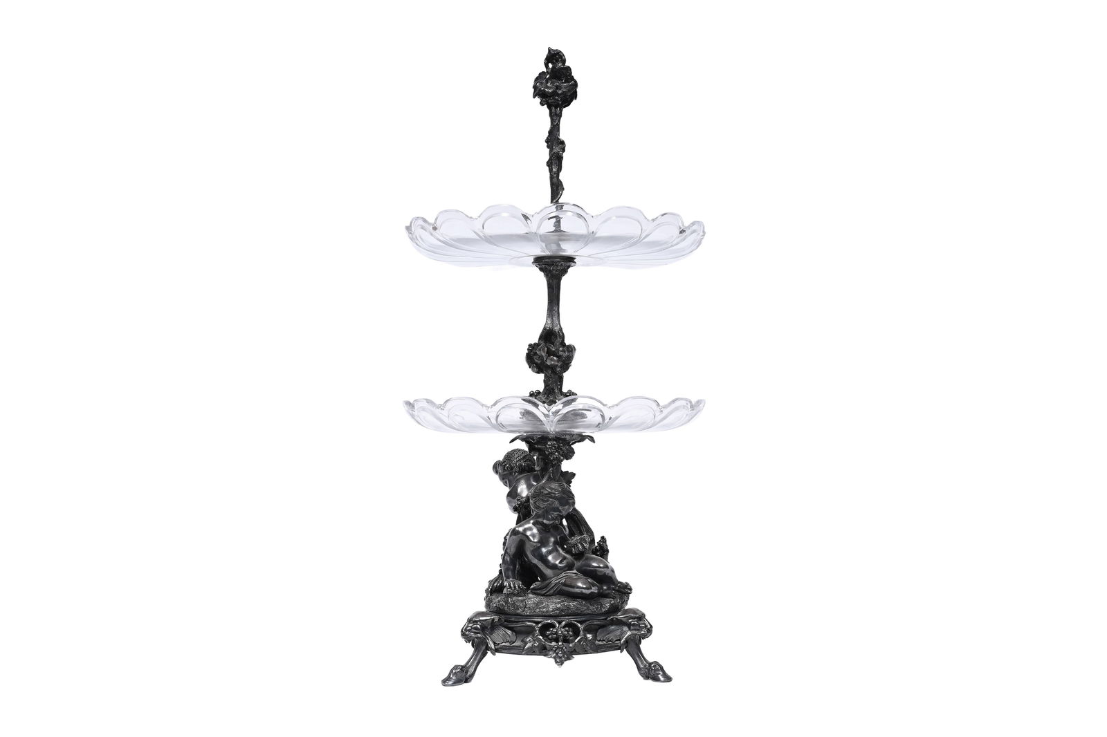 A French silver-plated and cut glass two-tier centerpiece with two bacchantes, Christofle, Paris, (1 of 5)