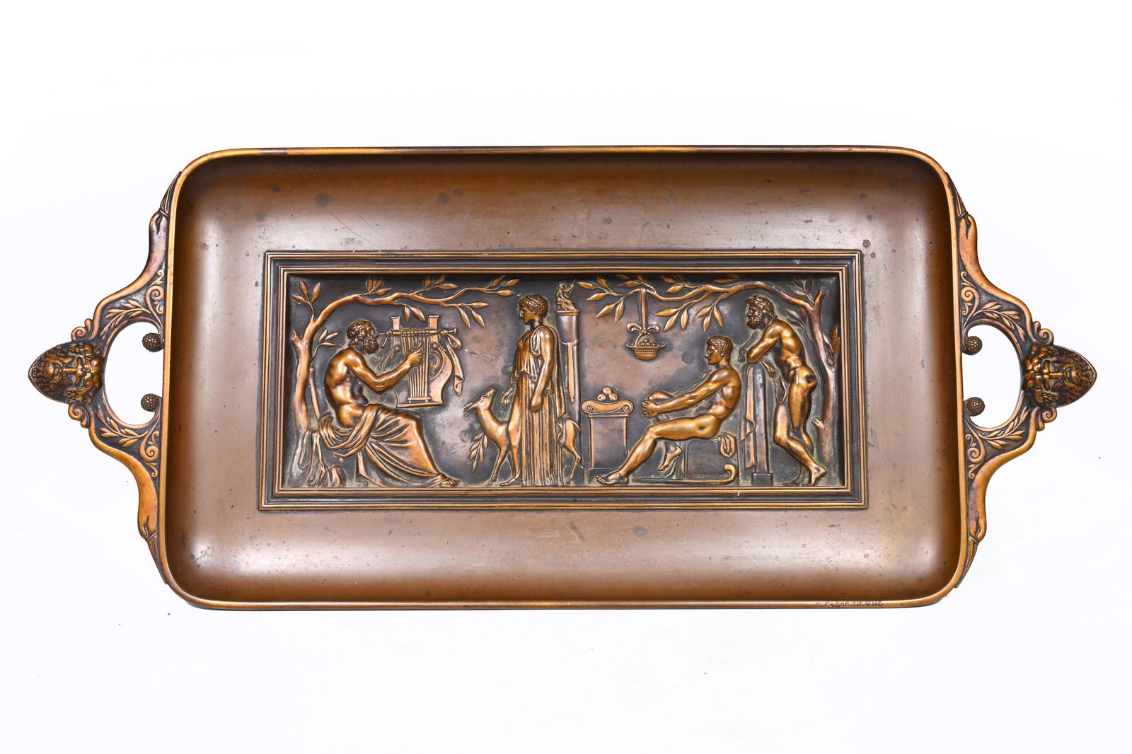 Ferdinand Levillain (1837-1905): A bronze milieu-de-table with a central frieze after the antiques: Ferdinand Levillain (1837-1905): A bronze milieu-de-table with a central frieze after the antiques in relief H 8,5 - L 72,5 - D 32 cm