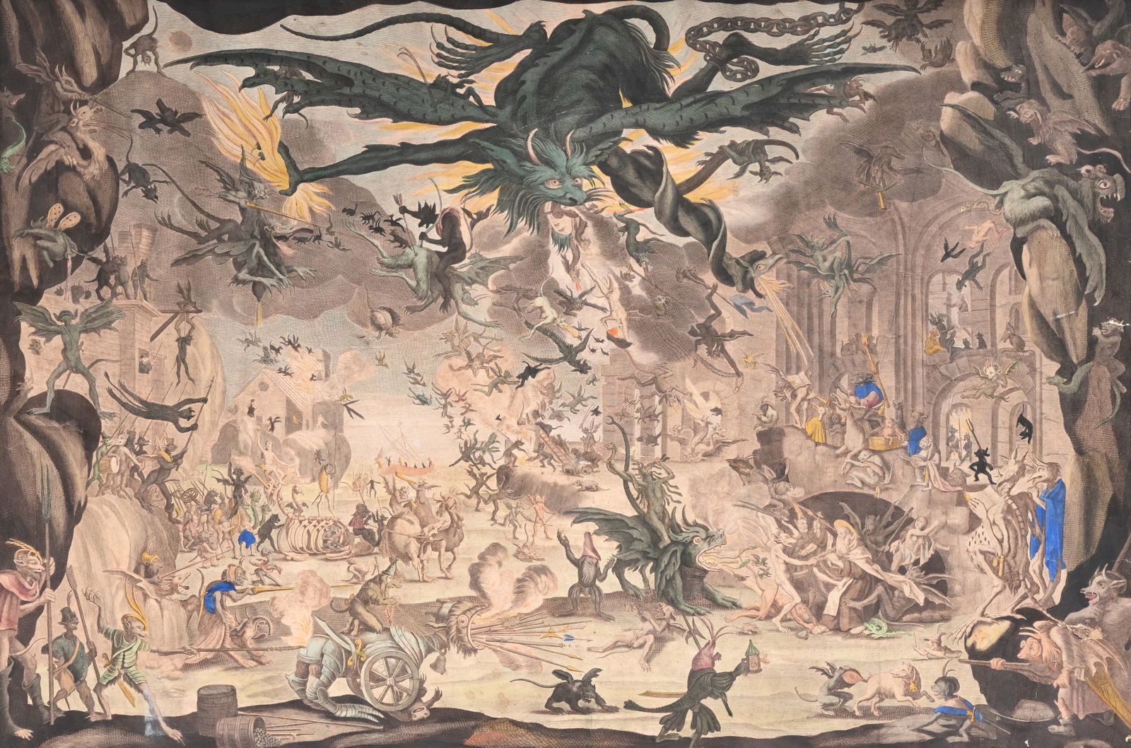 Jacques Callot (1592-1635): 'La tentation de Saint Antoine abbe', hand-coloured copper engraving,: Jacques Callot (1592-1635): 'La tentation de Saint Antoine abbe', hand-coloured copper engraving, 19th C. Work: 68,5 x 50,5 cm Frame: 71,5 x 54 cm