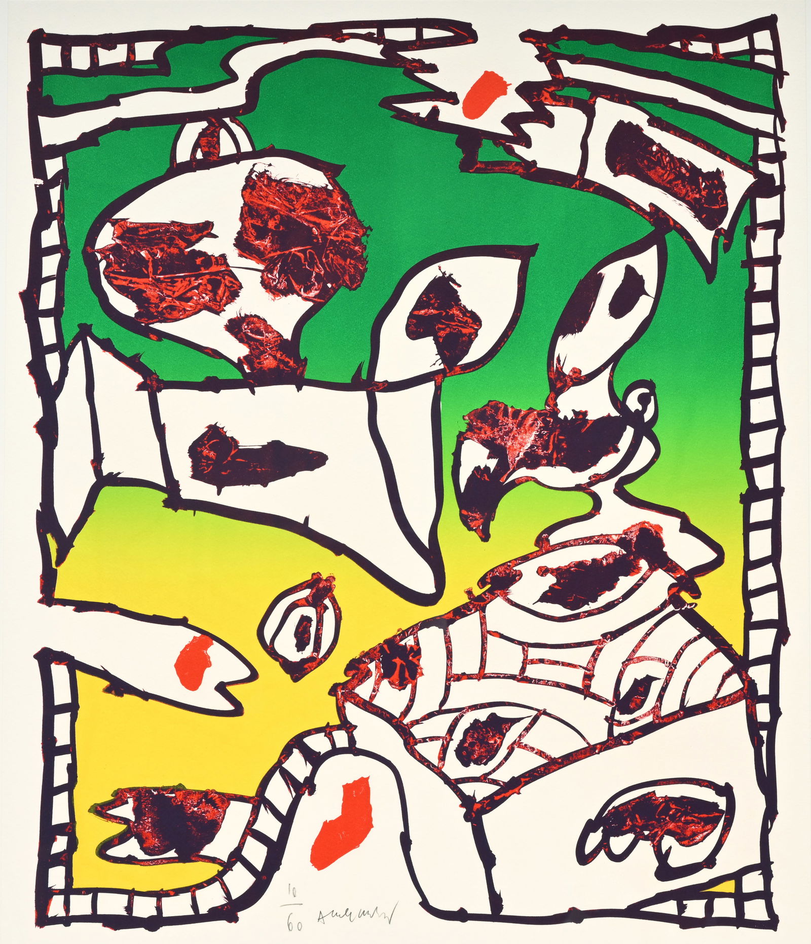 Pierre Alechinsky (1927): 'Pour saluer Karel Geirlandt', lithograph in colours, ed. 10/60, (1999): Pierre Alechinsky (1927): 'Pour saluer Karel Geirlandt', lithograph in colours, ed. 10/60, (1999) Work: 59,5 x 50 cm Frame: 82,5 x 73 cm