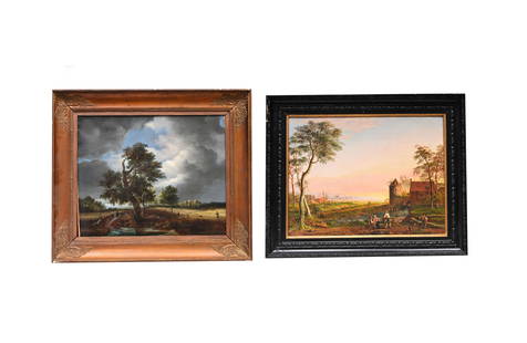 European school: Two animated landscapes, oil on canvas, 19th/20th C.: European school: Two animated landscapes, oil on canvas, 19th/20th C. Work: 60,5 x 51,5 cm Frame: 78 x 67 cm Work: 60 x 46,5 cm Frame: 74,5 x 61 cm