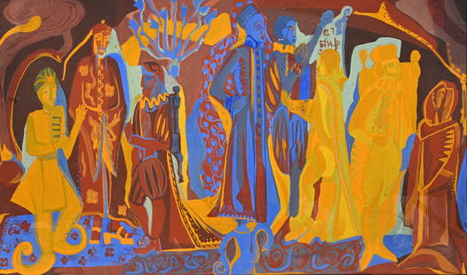 European school, in the manner of Arne Ekeland (1908-1994): Figures, oil on paper, 20th C.: European school, in the manner of Arne Ekeland (1908-1994): Figures, oil on paper, 20th C. Work: 88 x 52 cm Frame: 102,5 x 73 cm